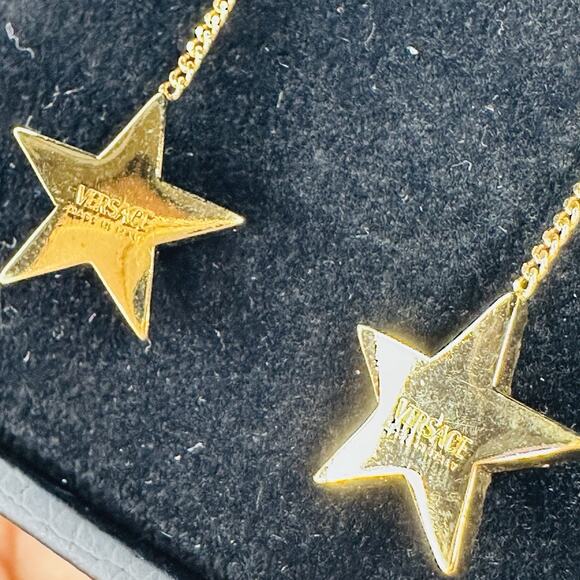 NIB Versace Medusa Crystal Star Gold Tone Charm Dangle Earrings $595 - Picture 7 of 8